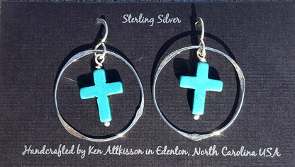 Ken’s handcrafted jewelry - Sterling Silver Earrings With Turquoise Cross