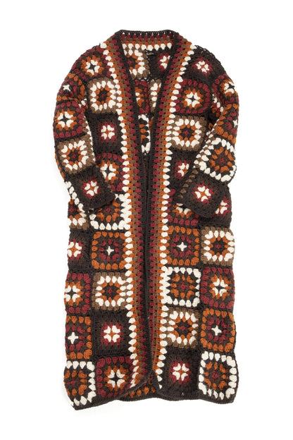 SAACHI - Woolen Granny Square Crochet Kimono: Brown