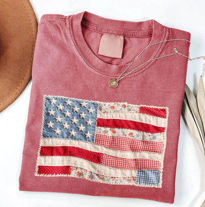 Rosa Clothing - American Flag Faux Texture Patchwork Print T-Shirt