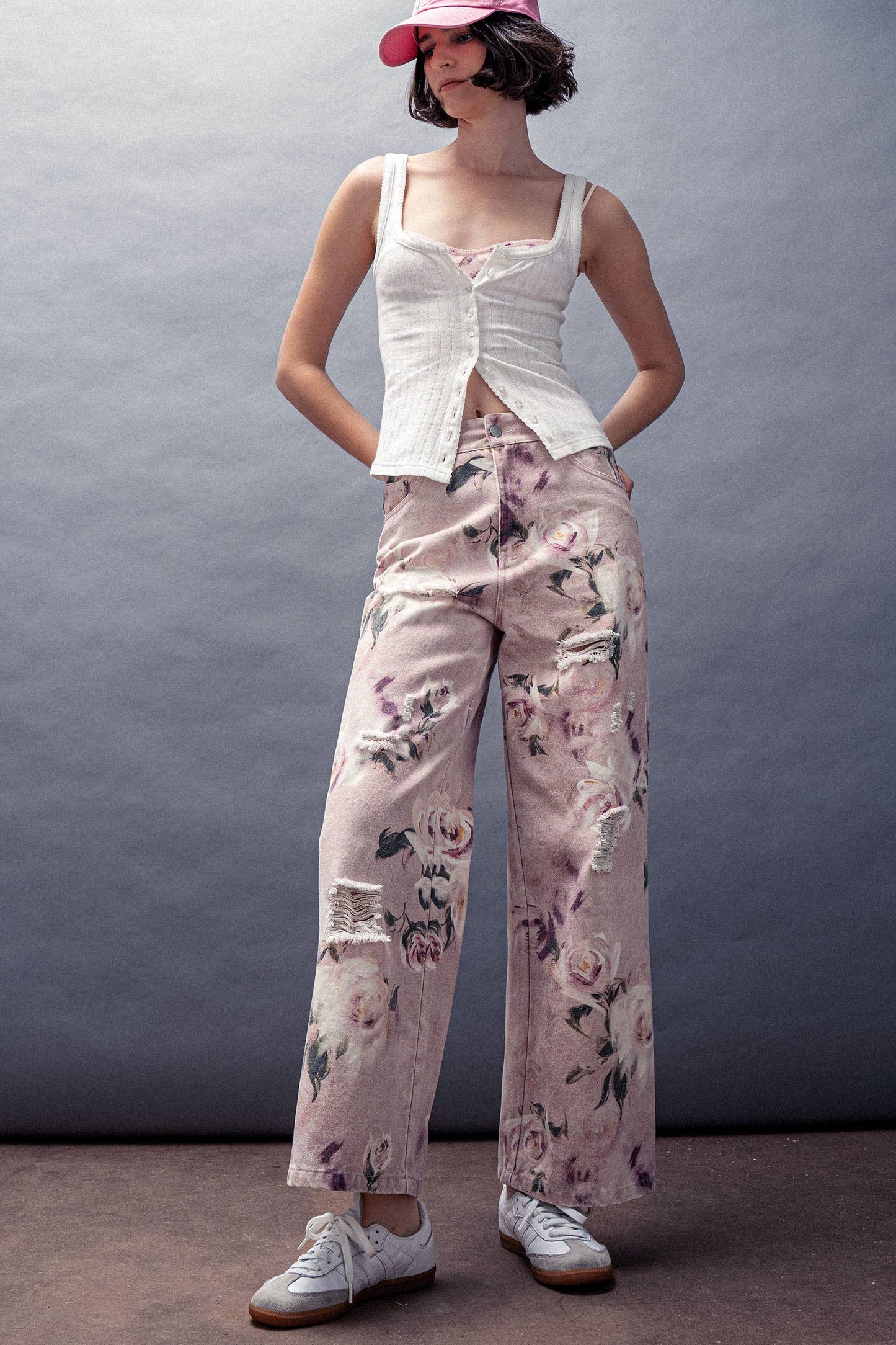 Urban Daizy - Romantic Rose Print High-Rise Denim Pants