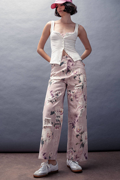 Urban Daizy - Romantic Rose Print High-Rise Denim Pants