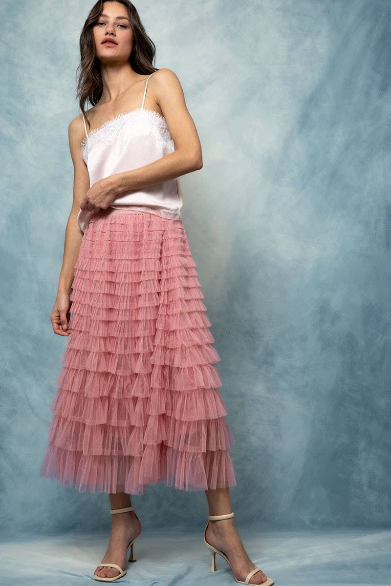Urban Daizy - Tiered Tulle Midi Skirt with Romantic Ruffles