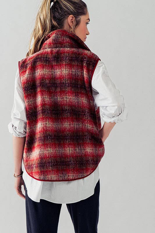 VINTAGE PLAID OVERSIZED WOOL VEST: RUST/TAUPE / S-2/M-2/L-2