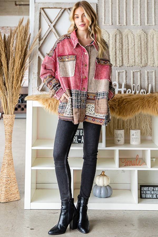 Oli&Hali - WASHED FABRIC BLOCKED JACKET - JJ0244: BERRY / L/XL