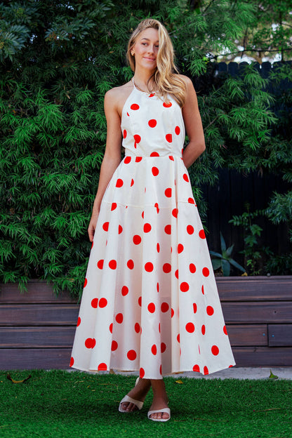 Urban Daizy - Polka Dot Halter Cotton Maxi Dress Smocked Back