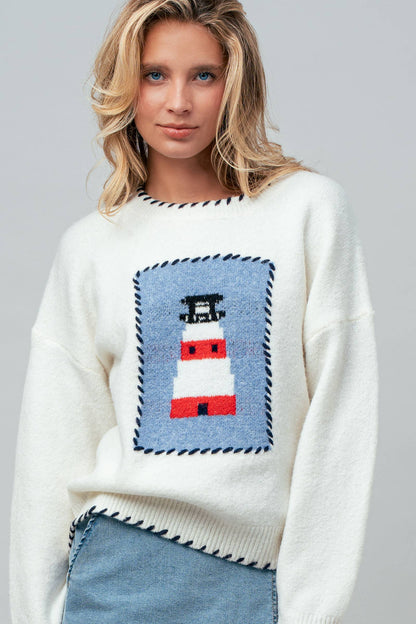 Whipstitch Trim Lighthouse Knit Sweater