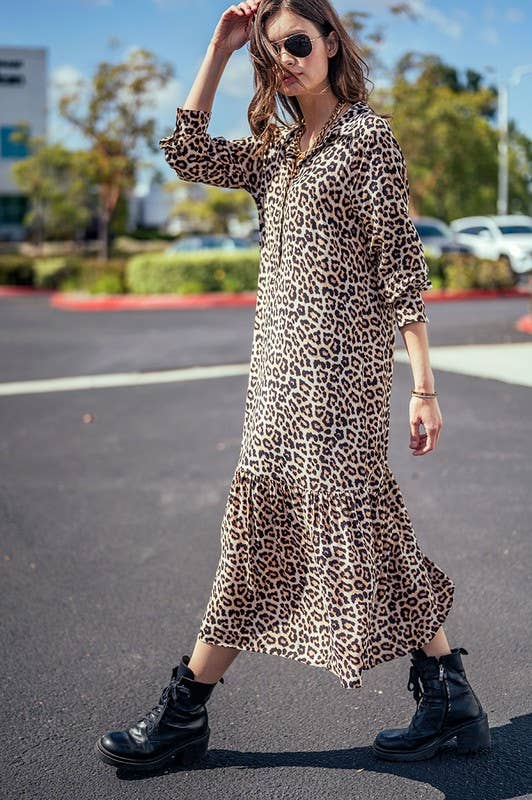 Urban Daizy - LEOPARD PRINT RUFFLE HEM BUTTON MAXI DRESS: LEOPARD / S-2/M-2/L-2