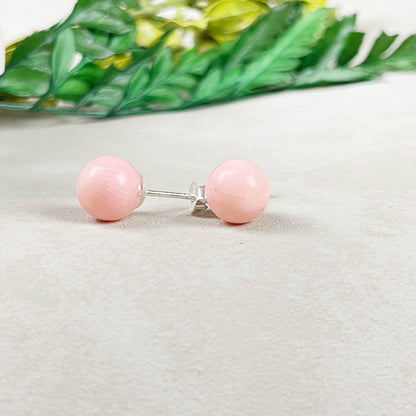 Ewelina Pas Jewelry - Silver 8mm Pink Coral Orb Stud Earrings