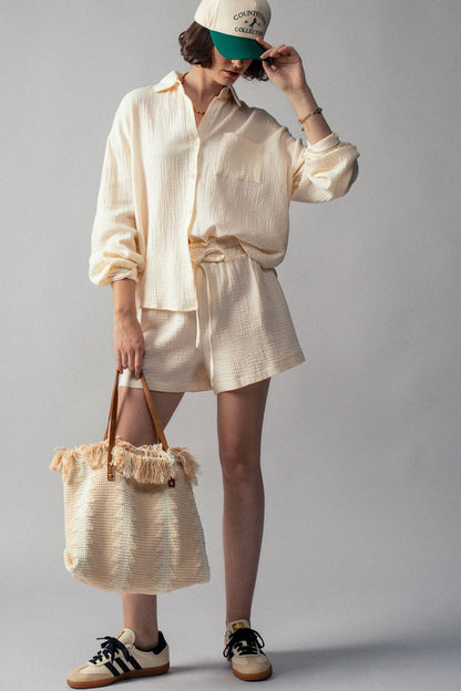 Textured Geometric Fringe Tote Bag