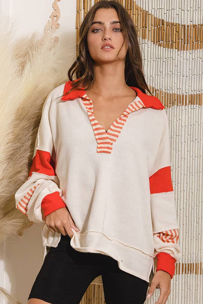 BUCKETLIST - T2004 -French Terry Knit Color-block Collared Loose Fit Top: S-M-L (2-2-2) / TAUPE/CREAM
