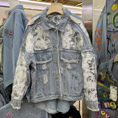 Rosa Clothing - Sheer Floral Lightweight Embroidered Lace Denim Jacket
