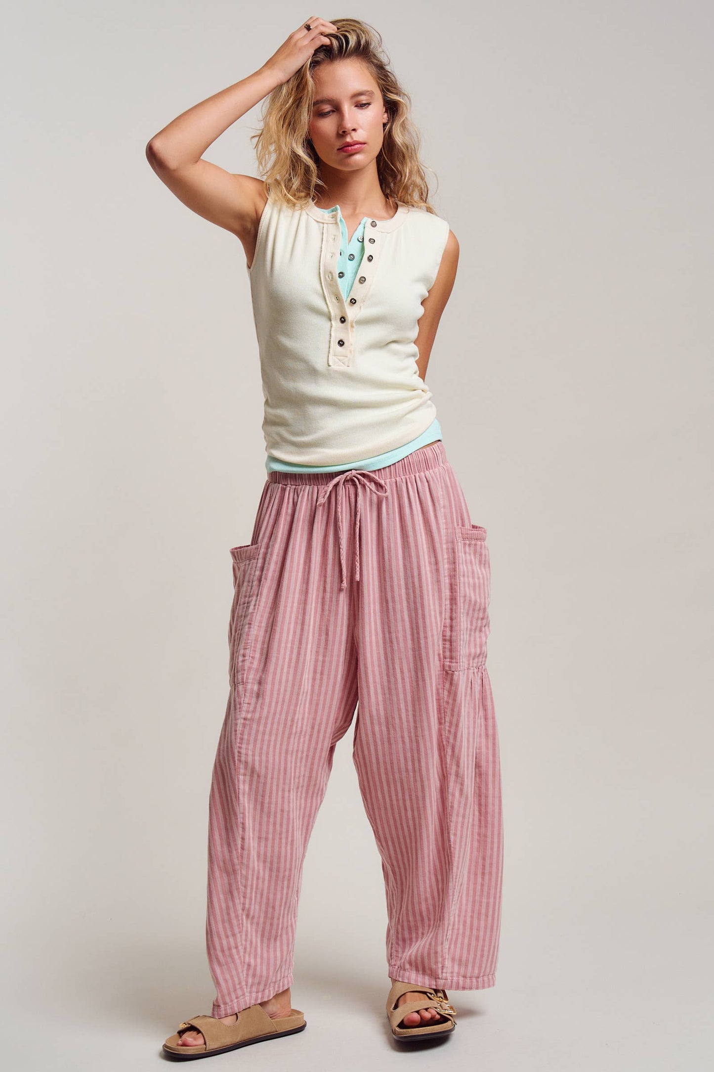 Urban Daizy - Striped Cotton Drawstring Harem Pants