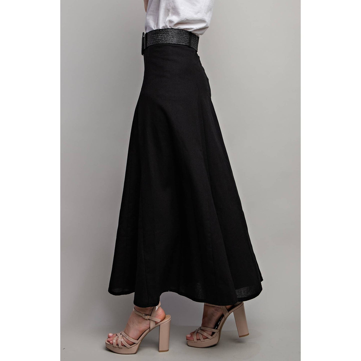 Sweet Generis - LINEN MAXI FLARE SKIRT with TRIM BELT