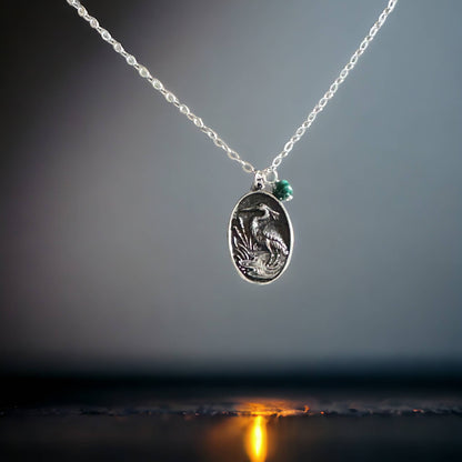 Jackie Gallagher Designs - Handmade Coastal Jewelry - Blue Heron with Malachite Necklace, sterling silver