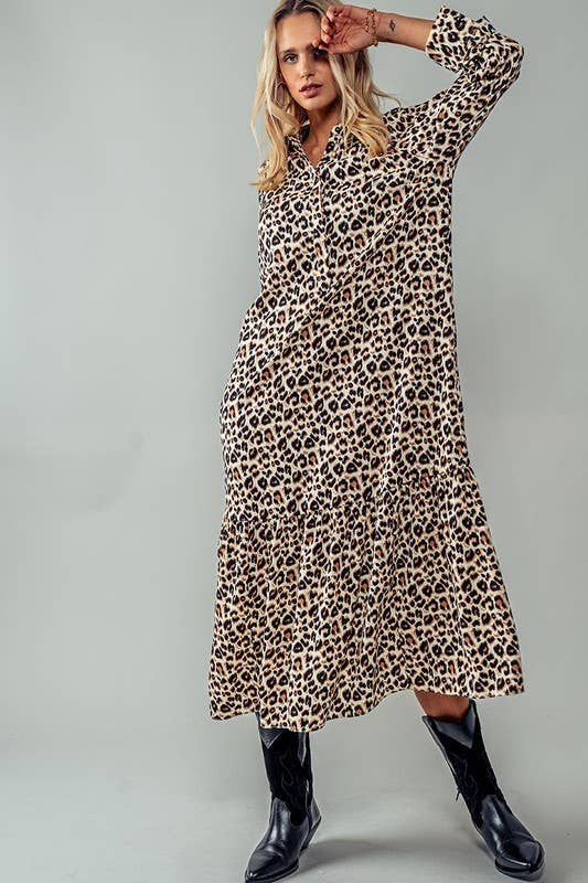 Urban Daizy - LEOPARD PRINT RUFFLE HEM BUTTON MAXI DRESS: LEOPARD / S-2/M-2/L-2