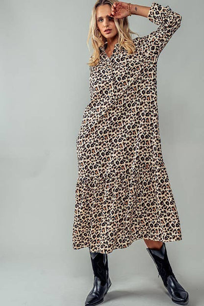 Urban Daizy - LEOPARD PRINT RUFFLE HEM BUTTON MAXI DRESS: LEOPARD / S-2/M-2/L-2