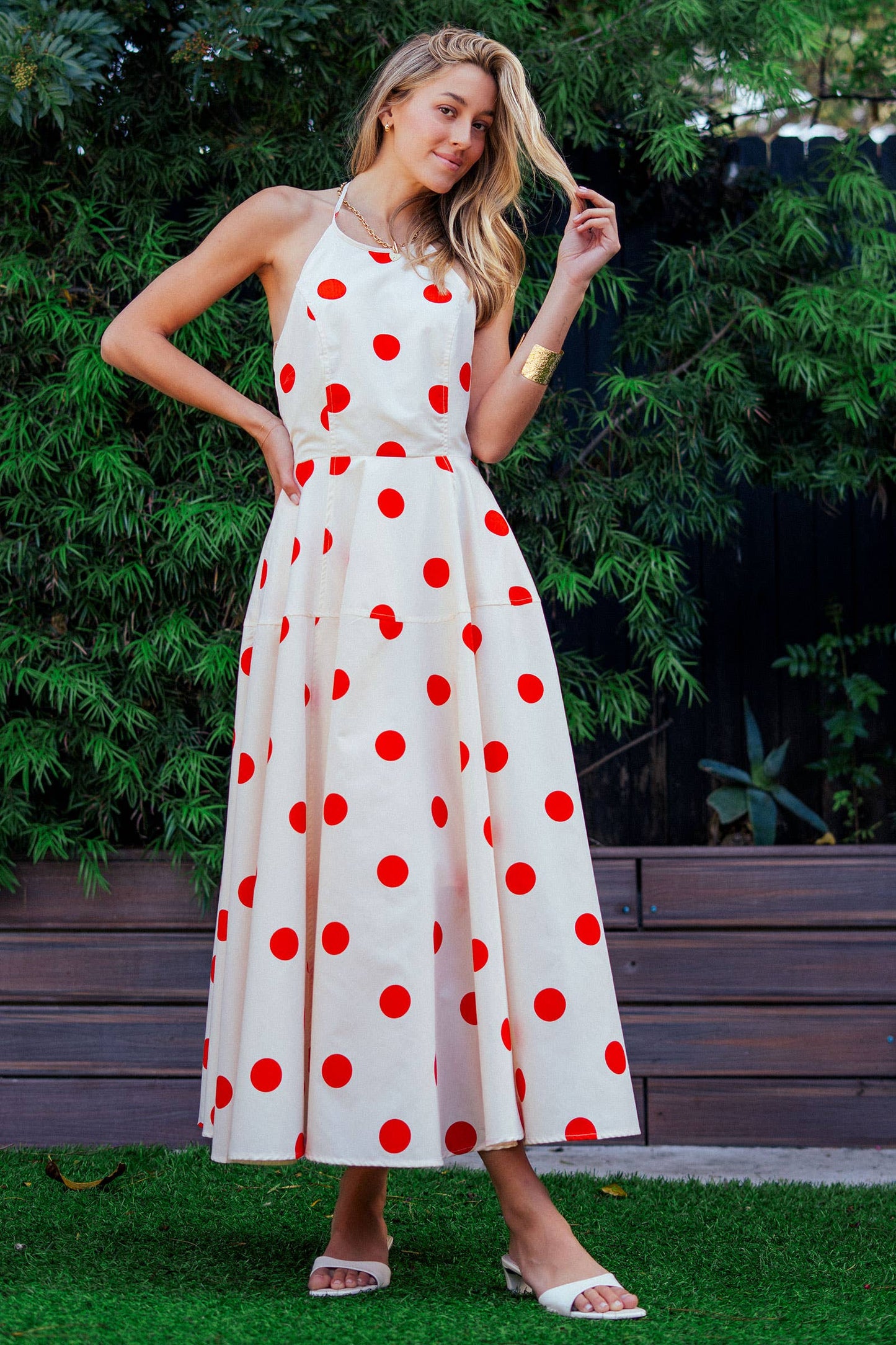 Urban Daizy - Polka Dot Halter Cotton Maxi Dress Smocked Back