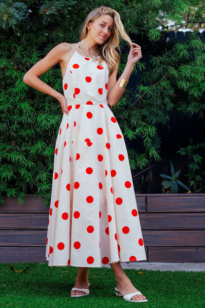 Urban Daizy - Polka Dot Halter Cotton Maxi Dress Smocked Back