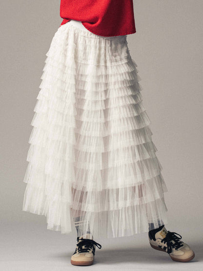 Urban Daizy - Tiered Tulle Midi Skirt with Romantic Ruffles