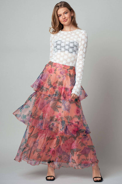 Sheer Floral Print Tiered Organza Maxi Skirt