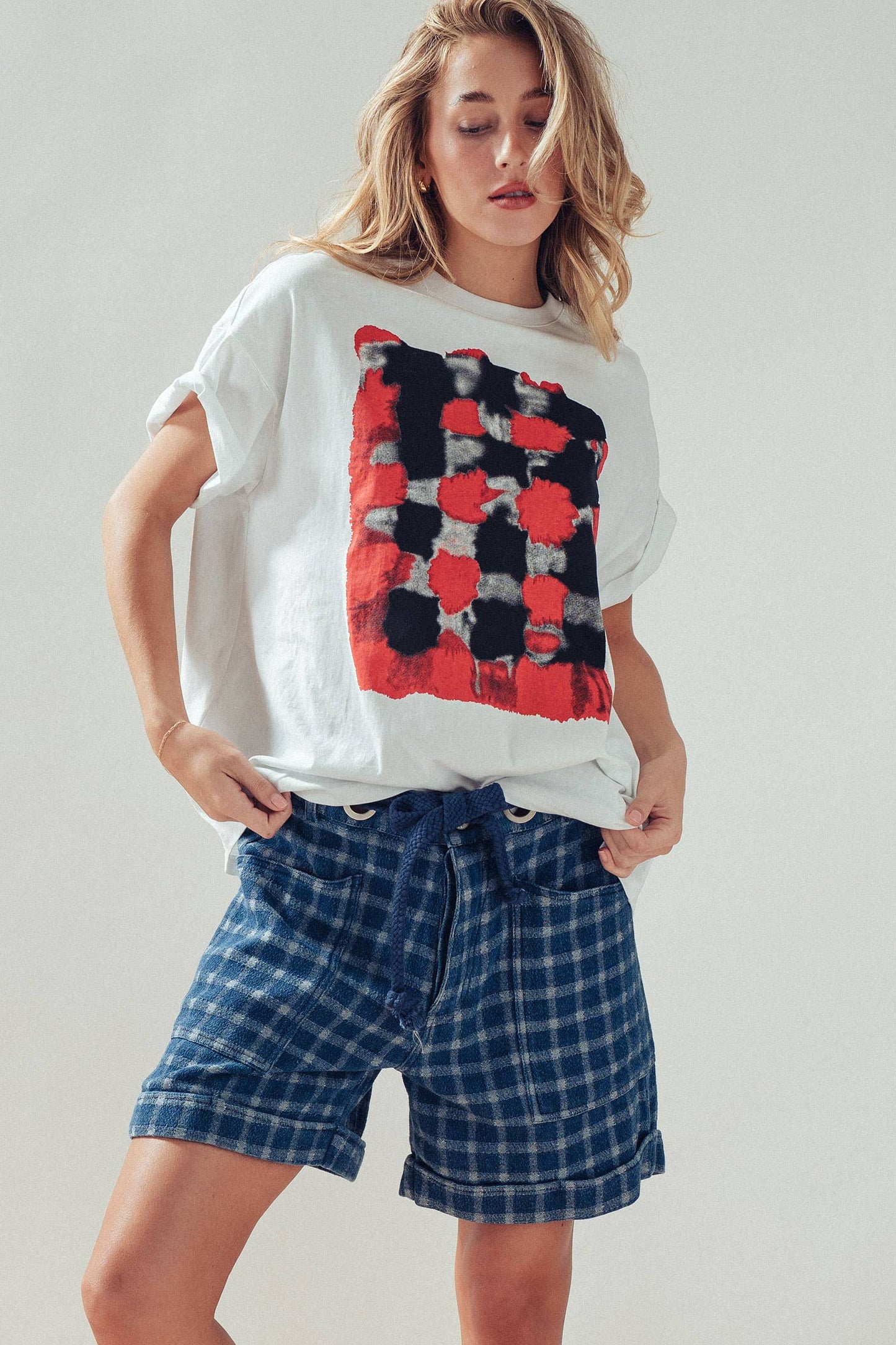 Urban Daizy - Plaid Cotton Blend Shorts Rope Drawstring