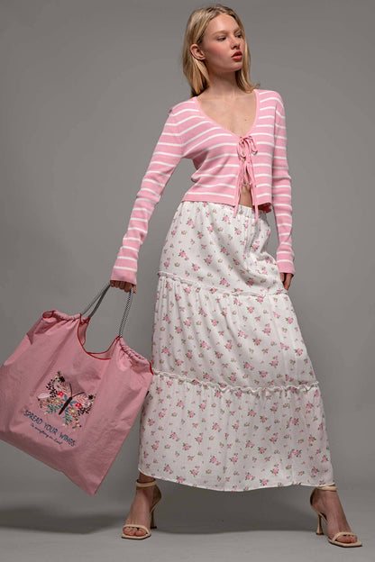 Urban Daizy - Rose Print Triple-Tier Ruffle Linen Blend Skirt: PINK / S-2/M-2/L-2
