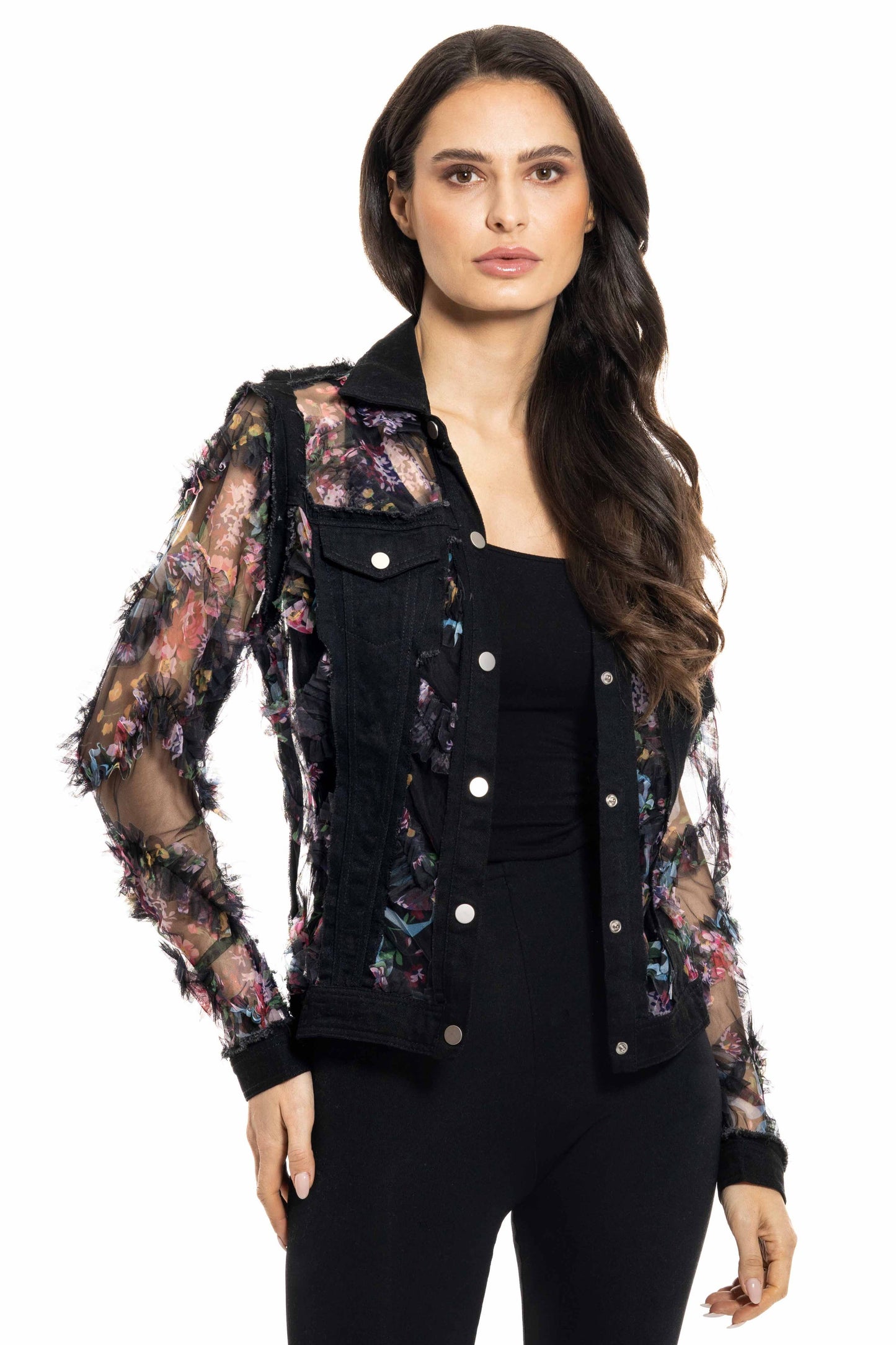 Adore - BA-29 - Denim and Mesh Floral Jacket
