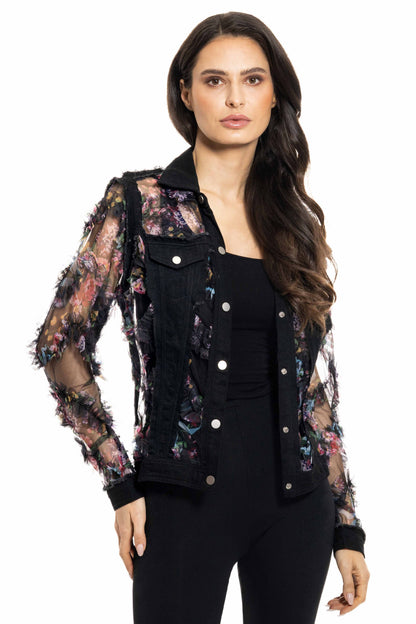 Adore - BA-29 - Denim and Mesh Floral Jacket