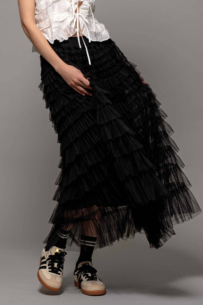 Urban Daizy - Tiered Tulle Midi Skirt with Romantic Ruffles
