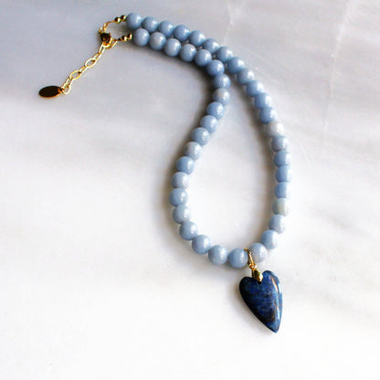 The Silver Wren - Denim Heart Beaded Necklace - Handmade Jewelry