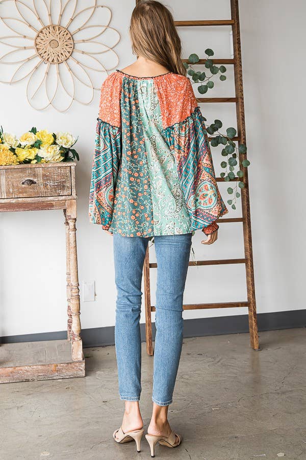 Oli&Hali - BUTTON FRONT PRINT MIXED BLOUSE - JT0191: PINK / S