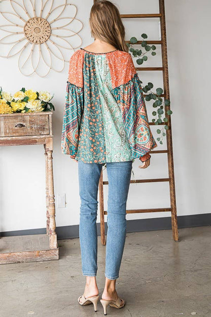 Oli&Hali - BUTTON FRONT PRINT MIXED BLOUSE - JT0191: PINK / M