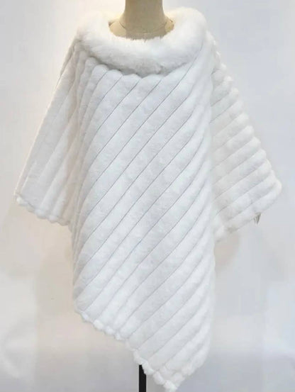 LOOWIE - 068 Luxurious Green Faux Fur Ribbed Poncho with Plush Collar: Beige