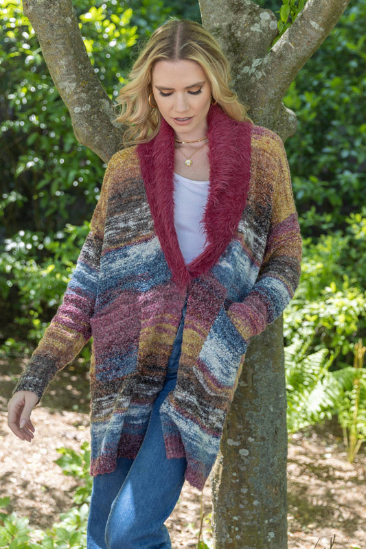 SAACHI - Fur Collared Abstract Striped Cardigan