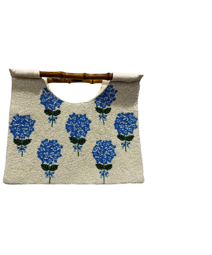 NAVY JANE - Narragansett Beaded Hydrangea Bag with Bamboo Handles