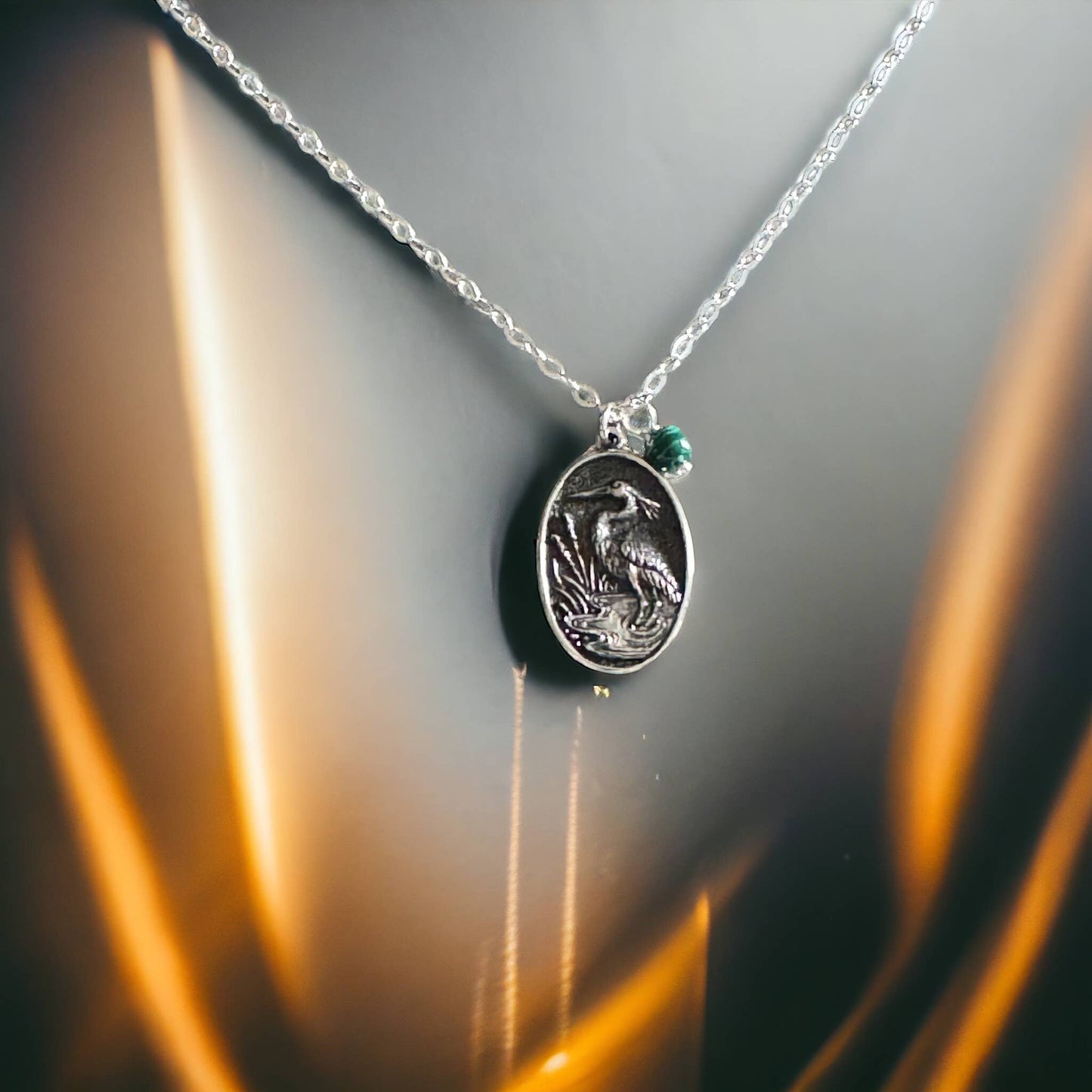 Jackie Gallagher Designs - Handmade Coastal Jewelry - Blue Heron with Malachite Necklace, sterling silver