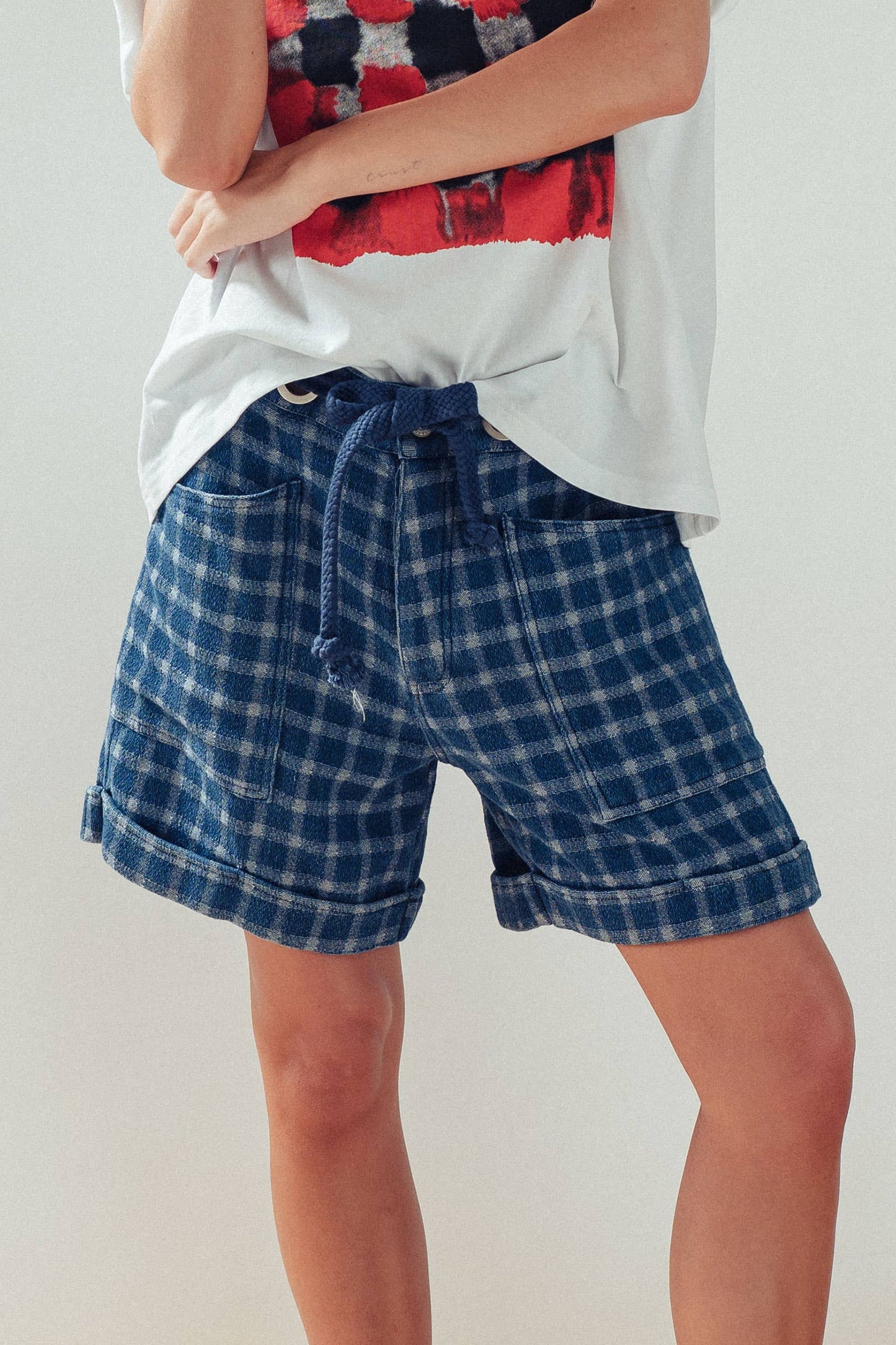 Urban Daizy - Plaid Cotton Blend Shorts Rope Drawstring