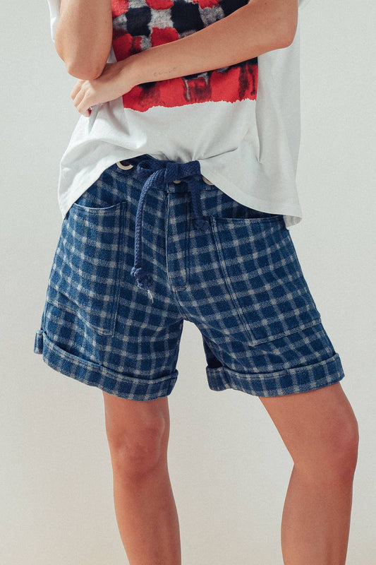 Urban Daizy - Plaid Cotton Blend Shorts Rope Drawstring