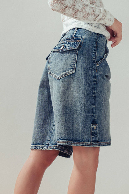 Urban Daizy - Wide-Leg Utility Denim Bermuda Shorts