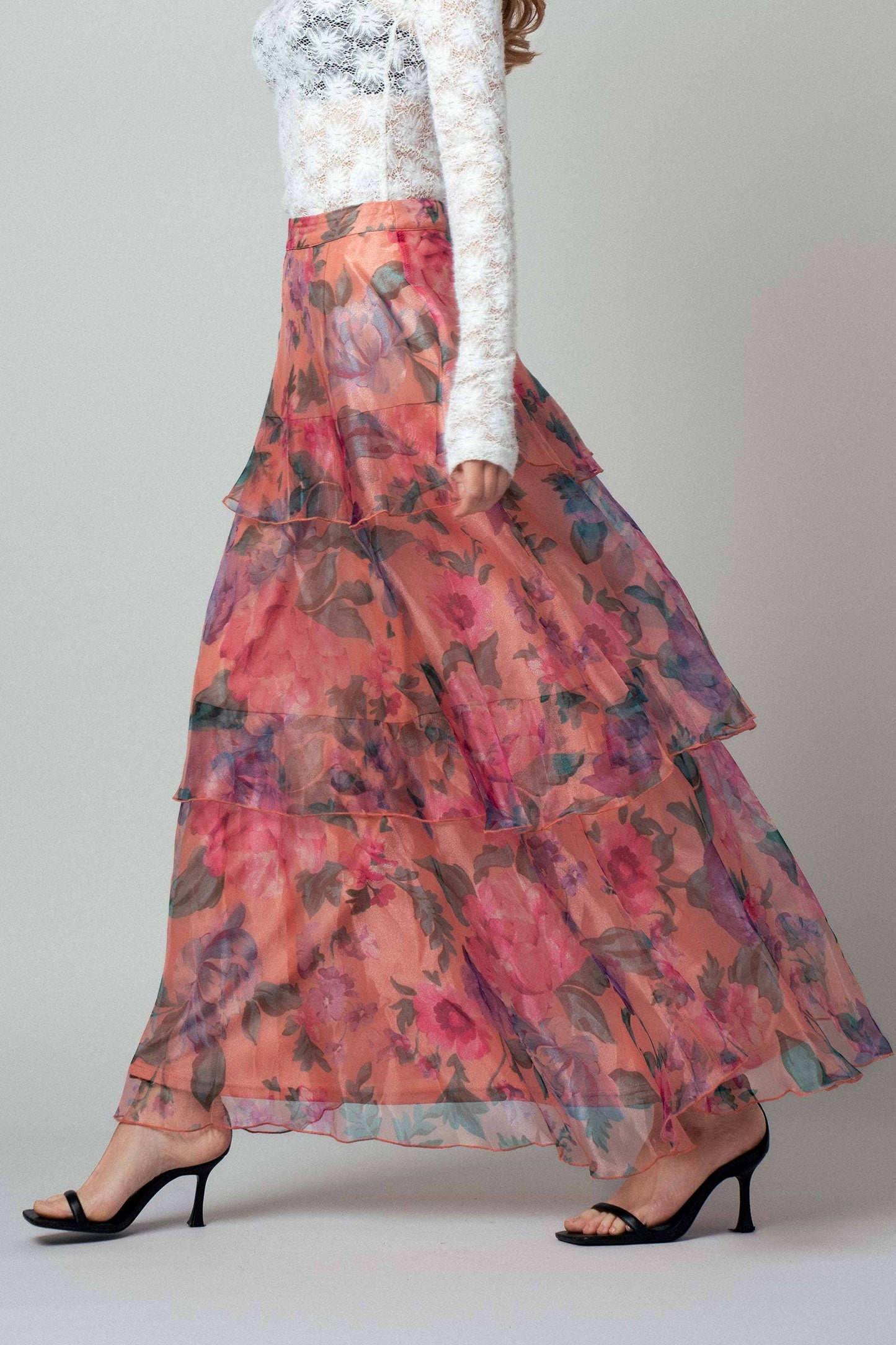 Sheer Floral Print Tiered Organza Maxi Skirt