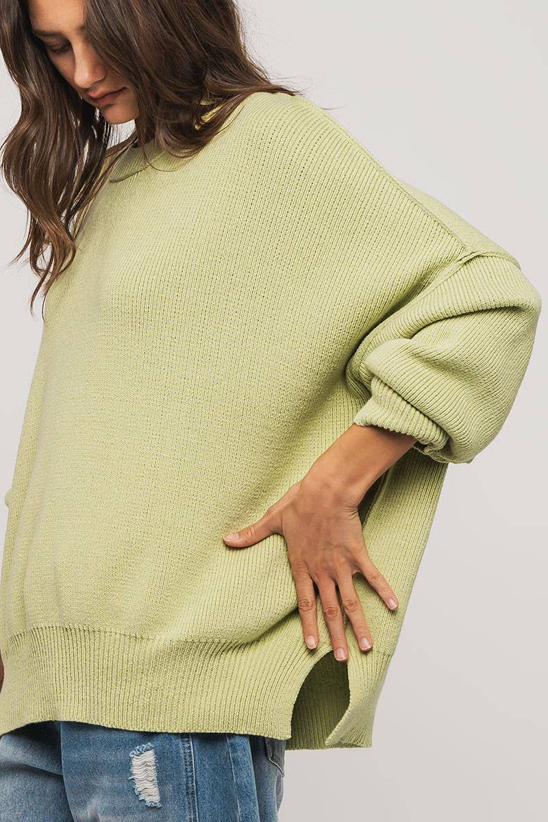 Urban Daizy - OVERSIZED SIDE SLIT CREW NECK COZY SWEATER  : PISTACHIO / S-2/M-2/L-2