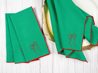 Dot and Army - Green Linen Napkins with Red Bow,  set of four