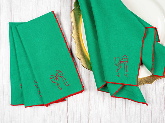 Dot and Army - Green Linen Napkins with Red Bow,  set of four
