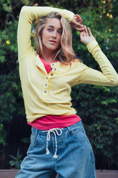 Ribbed Henley Long Sleeve Top