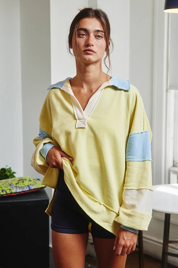 BUCKETLIST - T2004E French Terry Color-block Collared Loose Fit Top: YELLOW/BABYBLUE / S-M-L (2-2-2)