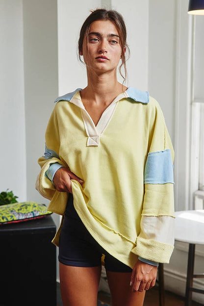 BUCKETLIST - T2004E French Terry Color-block Collared Loose Fit Top: YELLOW/BABYBLUE / S-M-L (2-2-2)