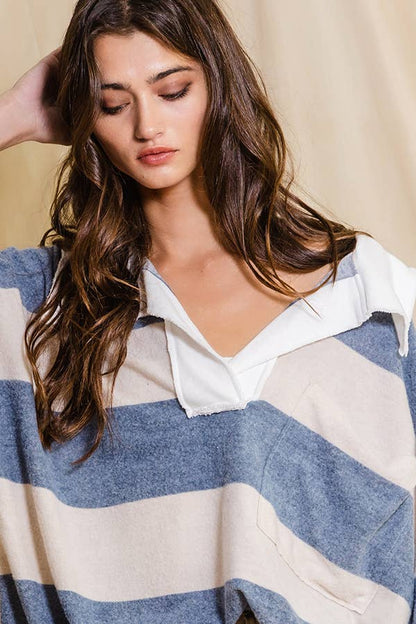 BUCKETLIST - T1211 Soft Brush Striped Big Collared Pullover Sweatshirt: S-M-L (2-2-2) / DENIM/CREAM