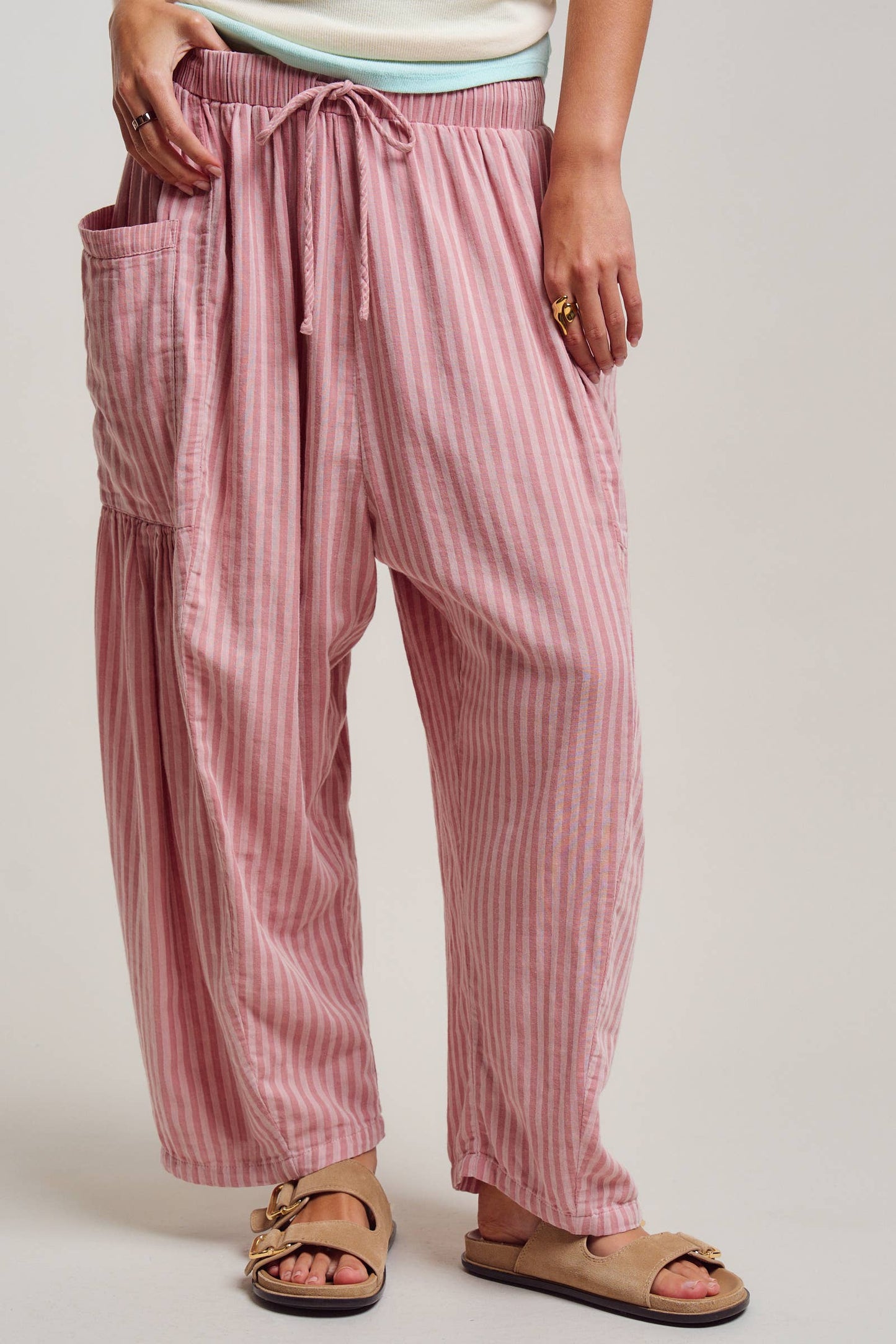 Urban Daizy - Striped Cotton Drawstring Harem Pants