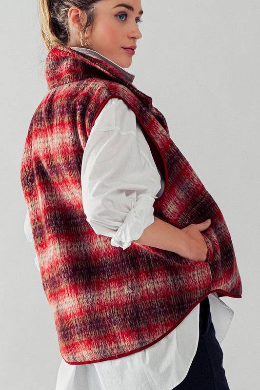 VINTAGE PLAID OVERSIZED WOOL VEST: RUST/TAUPE / S-2/M-2/L-2
