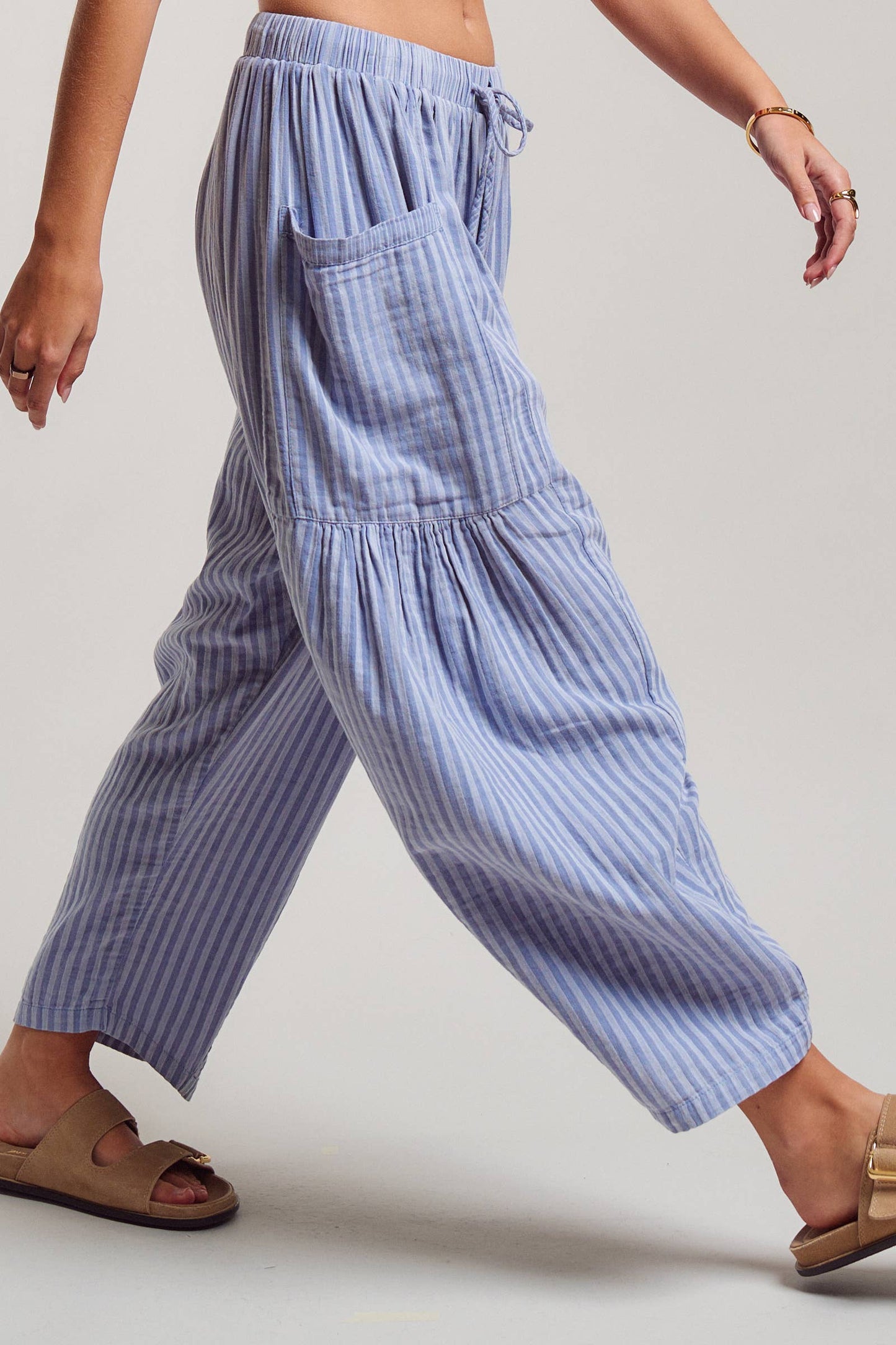 Urban Daizy - Striped Cotton Drawstring Harem Pants